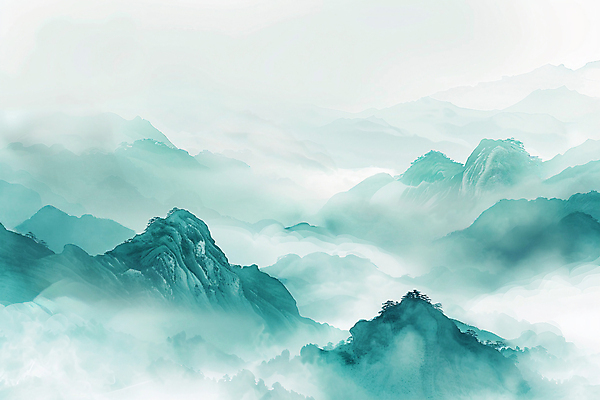 JPG 일러스트 자연 붓터치 수채화 풍경 사람없음 오리엔탈 산등성이 번짐 청록색 운해 산맥 국내일러스트 AI일러스트 AI콘텐츠 컬러 산 생태계 파일형식 효과 구름_자연