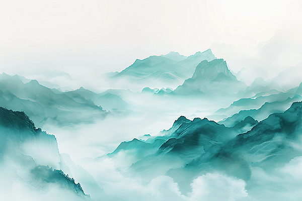 JPG 일러스트 자연 붓터치 수채화 풍경 사람없음 오리엔탈 산등성이 번짐 청록색 운해 산맥 국내일러스트 AI일러스트 AI콘텐츠 컬러 산 생태계 파일형식 효과 구름_자연