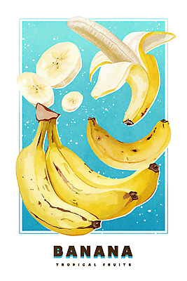 PSD 열매 포스터 조각 일러스트 페인팅 단면 프레임 바나나 사람없음 노란색 열대과일 질감 그라데이션 유화 국내일러스트 식물 컬러 과일 미술 파일형식