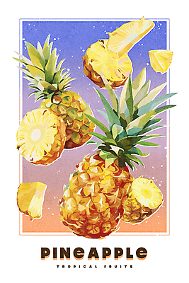 PSD 열매 포스터 조각 일러스트 페인팅 단면 프레임 사람없음 노란색 파인애플 열대과일 질감 그라데이션 유화 국내일러스트 식물 컬러 과일 미술 파일형식