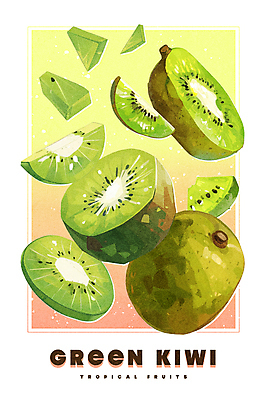 PSD 열매 포스터 조각 일러스트 페인팅 단면 프레임 키위 사람없음 초록색 열대과일 질감 그라데이션 유화 국내일러스트 식물 컬러 과일 미술 파일형식