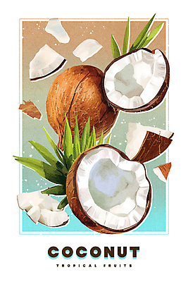 PSD 열매 포스터 조각 일러스트 페인팅 단면 프레임 사람없음 갈색 열대과일 질감 그라데이션 열대잎 유화 코코넛과육 국내일러스트 식물 컬러 잎 과일 미술 코코넛 과육 파일형식