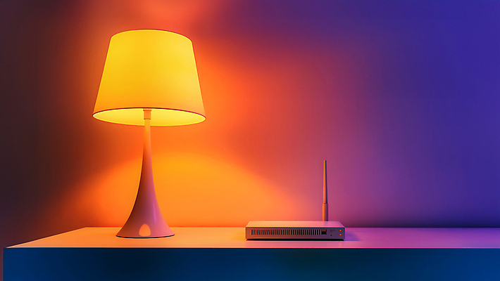 JPG 편집이미지 전등 사람없음 빛 보라색 주황색 스탠드 분위기 와이파이 공유기 편집실사 AI포토 AI콘텐츠 컬러 컨셉 조명 CG 무선인터넷 파일형식