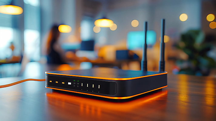 JPG 편집이미지 조명 사람없음 빛 반사 주황색 카페 보케 와이파이 공유기 나무책상 편집실사 AI포토 AI콘텐츠 컬러 목재 상점 책상 CG 무선인터넷 파일형식