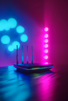 JPG 편집이미지 분홍색 조명 사람없음 파란색 빛 어둠 분위기 와이파이 공유기 편집실사 AI포토 AI콘텐츠 컬러 컨셉 CG 무선인터넷 파일형식