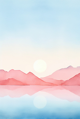 JPG 호수 분홍색 백그라운드 일러스트 자연 붓터치 수채화 산 풍경 사람없음 태양 반사 노을 물감 질감 국내일러스트 AI일러스트 AI콘텐츠 자연요소 컬러 미술도구 생태계 파일형식