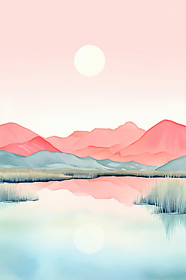JPG 호수 분홍색 백그라운드 일러스트 자연 붓터치 수채화 산 풍경 사람없음 태양 반사 노을 물감 숲 질감 국내일러스트 AI일러스트 AI콘텐츠 자연요소 컬러 미술도구 생태계 파일형식