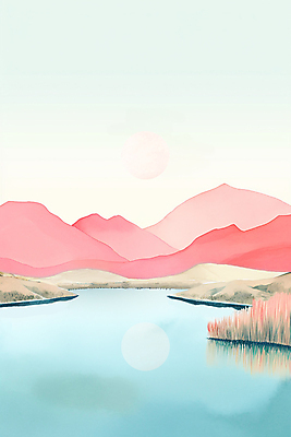 JPG 호수 분홍색 백그라운드 일러스트 자연 붓터치 수채화 산 풍경 사람없음 태양 반사 노을 물감 숲 질감 국내일러스트 AI일러스트 AI콘텐츠 자연요소 컬러 미술도구 생태계 파일형식