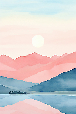 JPG 호수 분홍색 백그라운드 일러스트 자연 붓터치 수채화 산 풍경 사람없음 태양 반사 노을 물감 숲 질감 국내일러스트 AI일러스트 AI콘텐츠 자연요소 컬러 미술도구 생태계 파일형식