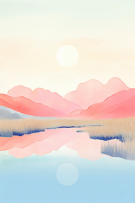 JPG 호수 분홍색 백그라운드 일러스트 자연 붓터치 수채화 산 풍경 사람없음 태양 반사 노을 물감 숲 질감 국내일러스트 AI일러스트 AI콘텐츠 자연요소 컬러 미술도구 생태계 파일형식