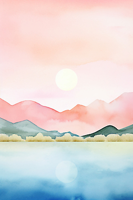 JPG 호수 분홍색 백그라운드 일러스트 자연 붓터치 수채화 산 풍경 사람없음 태양 반사 노을 물감 숲 질감 국내일러스트 AI일러스트 AI콘텐츠 자연요소 컬러 미술도구 생태계 파일형식