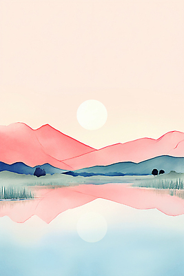 JPG 호수 분홍색 백그라운드 일러스트 자연 붓터치 수채화 산 풍경 사람없음 태양 반사 노을 물감 숲 질감 국내일러스트 AI일러스트 AI콘텐츠 자연요소 컬러 미술도구 생태계 파일형식
