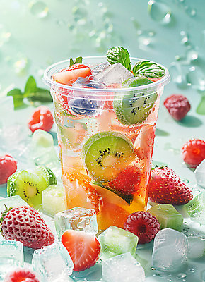 JPG 편집이미지 딸기 키위 사람없음 장식 빛 얼음 물방울 과일주스 시원함 블루베리 산딸기 생과일 애플민트 에이드 플라스틱컵 편집실사 AI포토 AI콘텐츠 자연요소 음료 과일 컵 주스 플라스틱 민트 CG 파일형식
