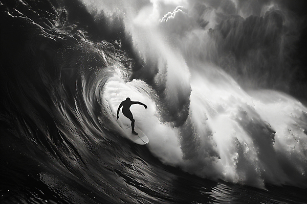 JPG 전신 편집이미지 파도 바다 흑백 한명 성인 취미 어둠 서핑 역동적 서퍼 다이나믹 성인한명만 편집실사 AI인물포토 AI콘텐츠 1 컨셉 운동선수 촬영기법 사람 수상스포츠 CG 성인만 파일형식 AI포토