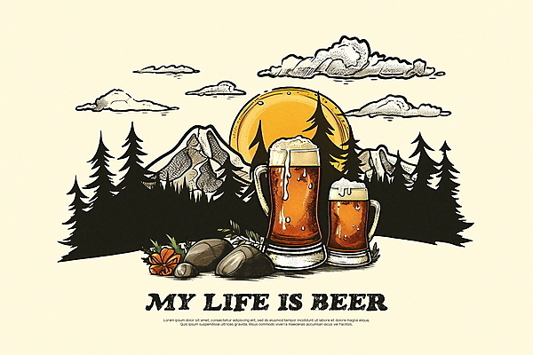 PSD 나무 구름 편집이미지 꽃 포스터 자연 산 맥주 사람없음 야외 태양 거품 돌_바위 빈티지 숲 맥주잔 이미지편집 자연요소 식물 컨셉 술잔 주류 생태계 파일형식