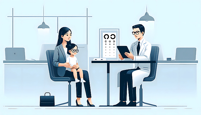 JPG 여자 남자 안경 어린이 의자 가방 일러스트 안기 엄마 전등 건강 병원 들기 앉기 소녀 성인 세명 노트북 마주보기 진료 의사 책상 디지털합성 상담 시력 시력검사 건강검진 서류판 시력검사표 검안사 편집소스 국내일러스트 AI일러스트 AI콘텐츠 직업 잡화 가구 의학 가족 모션 조명 사람 전자제품 사무용품 의료진 검사_조사 파일형식 안경사