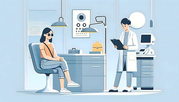 JPG 여자 남자 액자 의자 가방 일러스트 전등 건강 병원 들기 성인 두명 컴퓨터 선글라스 진료 의사 다리꼬기 대기 디지털합성 서랍장 시력 시력검사 건강검진 서류판 시력검사표 검안사 성인만 편집소스 라식수술 라섹 국내일러스트 AI일러스트 AI콘텐츠 직업 잡화 안경 가구 의학 모션 조명 사람 전자제품 사무용품 의료진 수술 검사_조사 파일형식 안경사