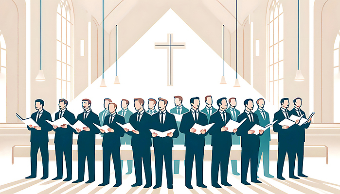JPG 전신 남자 십자가 일러스트 노래 협력 여러명 성인 성당 교회 평화 의식 악보 디지털합성 예배 일렬 성가대 웅장함 성인남자만 편집소스 국내일러스트 AI일러스트 AI콘텐츠 기독교 음악 다수 컨셉 종교건축 사람 건물 합창 남자만 성인만 파일형식
