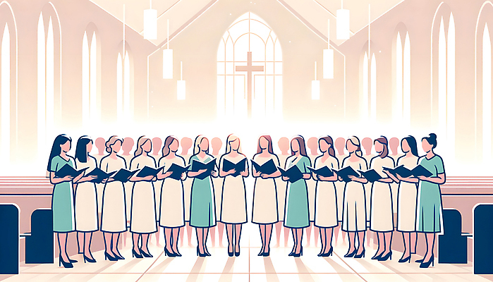 JPG 전신 여자 십자가 일러스트 노래 협력 여러명 성인 성당 교회 평화 의식 악보 디지털합성 예배 일렬 성가대 웅장함 성인여자만 편집소스 국내일러스트 AI일러스트 AI콘텐츠 기독교 음악 다수 컨셉 종교건축 사람 건물 합창 여자만 성인만 파일형식