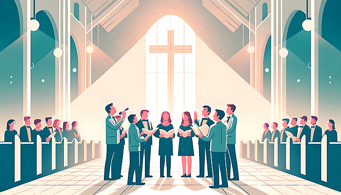 JPG 전신 여자 남자 십자가 일러스트 노래 협력 여러명 성인 성당 교회 평화 의식 악보 디지털합성 예배 일렬 성가대 웅장함 성인만 편집소스 국내일러스트 AI일러스트 AI콘텐츠 기독교 음악 다수 컨셉 종교건축 사람 건물 합창 파일형식