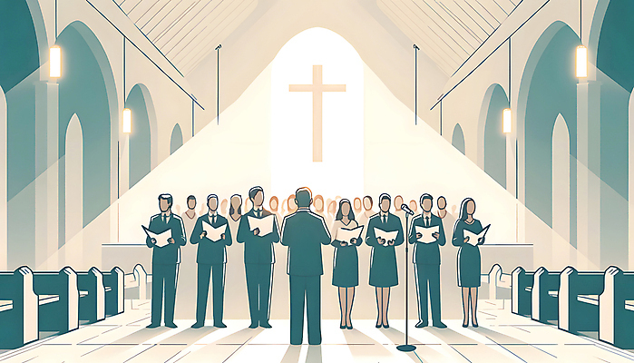 JPG 전신 여자 남자 십자가 일러스트 노래 협력 여러명 성인 성당 교회 평화 의식 악보 디지털합성 스탠드마이크 예배 일렬 성가대 웅장함 성인만 편집소스 국내일러스트 AI일러스트 AI콘텐츠 기독교 음악 다수 컨셉 종교건축 사람 건물 마이크 합창 파일형식