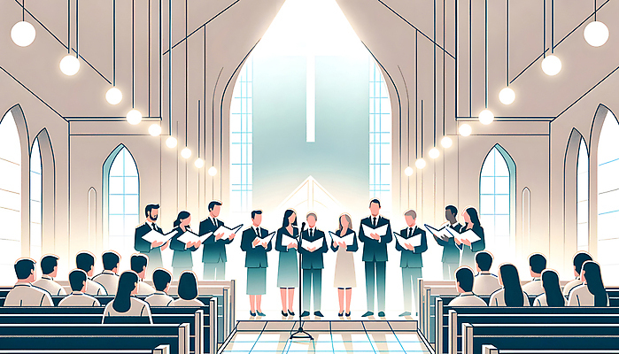 JPG 전신 여자 남자 십자가 일러스트 노래 협력 여러명 성인 성당 교회 평화 의식 악보 디지털합성 스탠드마이크 예배 일렬 성가대 웅장함 성인만 편집소스 국내일러스트 AI일러스트 AI콘텐츠 기독교 음악 다수 컨셉 종교건축 사람 건물 마이크 합창 파일형식