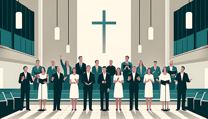 JPG 전신 여자 남자 십자가 일러스트 노래 협력 여러명 성인 성당 교회 평화 의식 악보 디지털합성 스탠드마이크 예배 일렬 성가대 웅장함 성인만 편집소스 국내일러스트 AI일러스트 AI콘텐츠 기독교 음악 다수 컨셉 종교건축 사람 건물 마이크 합창 파일형식