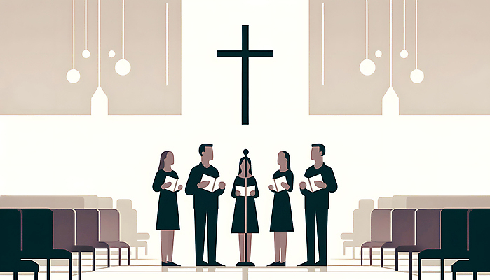 JPG 전신 여자 남자 십자가 일러스트 노래 협력 여러명 성인 성당 교회 평화 의식 악보 디지털합성 스탠드마이크 예배 일렬 성가대 웅장함 성인만 편집소스 국내일러스트 AI일러스트 AI콘텐츠 기독교 음악 다수 컨셉 종교건축 사람 건물 마이크 합창 파일형식