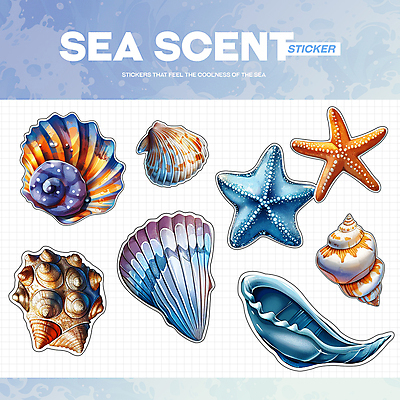 PSD 바다 하늘색 스티커 일러스트 조개 불가사리 생물 해변 사람없음 여름 파란색 빈티지 소라 시원함 엘리먼트 청량 국내일러스트 계절 컬러 컨셉 어패류 극피동물 파일형식