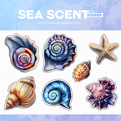 PSD 바다 하늘색 스티커 일러스트 조개 불가사리 생물 해변 사람없음 여름 파란색 빈티지 소라 시원함 엘리먼트 청량 국내일러스트 계절 컬러 컨셉 어패류 극피동물 파일형식