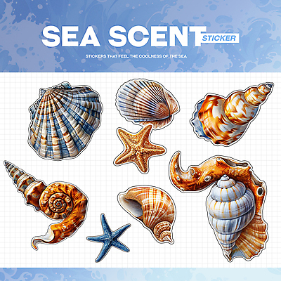 PSD 바다 하늘색 스티커 일러스트 조개 불가사리 생물 해변 사람없음 여름 파란색 빈티지 소라 시원함 엘리먼트 청량 국내일러스트 계절 컬러 컨셉 어패류 극피동물 파일형식