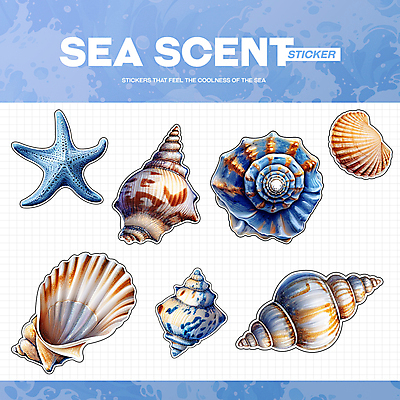 PSD 바다 하늘색 스티커 일러스트 조개 불가사리 생물 해변 사람없음 여름 파란색 빈티지 소라 시원함 엘리먼트 청량 국내일러스트 계절 컬러 컨셉 어패류 극피동물 파일형식