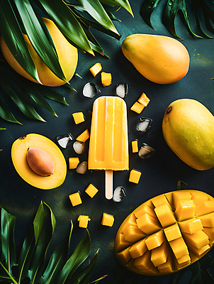 JPG 편집이미지 잎 과일 아이스크림 디저트 사람없음 여름 노란색 얼음 달콤 더위 시원함 망고 나무막대기 트로피컬아트 편집실사 AI포토 AI콘텐츠 자연요소 식물 계절 음식 컬러 날씨 막대기 맛 CG 열대과일 그림 파일형식