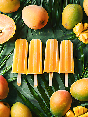 JPG 편집이미지 잎 과일 아이스크림 디저트 사람없음 여름 노란색 얼음 달콤 더위 시원함 망고 나무막대기 트로피컬아트 편집실사 AI포토 AI콘텐츠 자연요소 식물 계절 음식 컬러 날씨 막대기 맛 CG 열대과일 그림 파일형식
