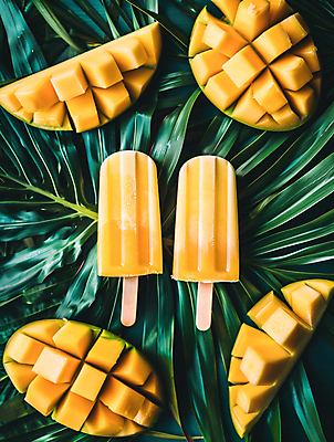 JPG 편집이미지 잎 과일 아이스크림 디저트 사람없음 여름 노란색 얼음 달콤 더위 시원함 망고 나무막대기 트로피컬아트 편집실사 AI포토 AI콘텐츠 자연요소 식물 계절 음식 컬러 날씨 막대기 맛 CG 열대과일 그림 파일형식