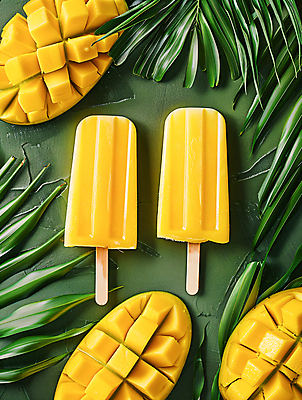 JPG 편집이미지 잎 과일 아이스크림 디저트 사람없음 여름 노란색 얼음 달콤 더위 시원함 망고 나무막대기 트로피컬아트 편집실사 AI포토 AI콘텐츠 자연요소 식물 계절 음식 컬러 날씨 막대기 맛 CG 열대과일 그림 파일형식