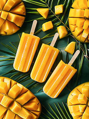 JPG 편집이미지 잎 과일 아이스크림 디저트 사람없음 여름 노란색 얼음 달콤 더위 시원함 망고 나무막대기 트로피컬아트 편집실사 AI포토 AI콘텐츠 자연요소 식물 계절 음식 컬러 날씨 막대기 맛 CG 열대과일 그림 파일형식