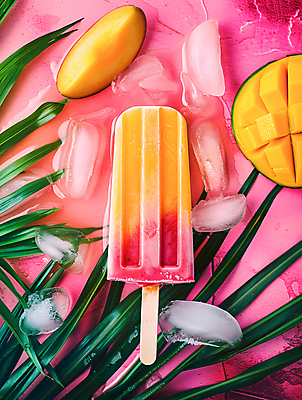 JPG 편집이미지 분홍색 잎 과일 아이스크림 디저트 사람없음 여름 얼음 달콤 더위 시원함 망고 나무막대기 트로피컬아트 편집실사 AI포토 AI콘텐츠 자연요소 식물 계절 음식 컬러 날씨 막대기 맛 CG 열대과일 그림 파일형식