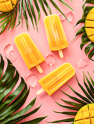 JPG 편집이미지 분홍색 잎 과일 아이스크림 디저트 사람없음 여름 얼음 달콤 더위 시원함 망고 나무막대기 트로피컬아트 편집실사 AI포토 AI콘텐츠 자연요소 식물 계절 음식 컬러 날씨 막대기 맛 CG 열대과일 그림 파일형식