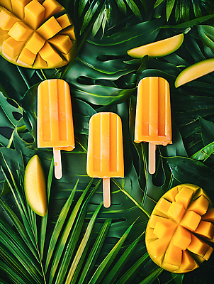 JPG 편집이미지 잎 과일 아이스크림 디저트 사람없음 여름 노란색 얼음 달콤 더위 시원함 망고 나무막대기 트로피컬아트 편집실사 AI포토 AI콘텐츠 자연요소 식물 계절 음식 컬러 날씨 막대기 맛 CG 열대과일 그림 파일형식