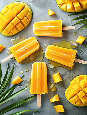 JPG 편집이미지 잎 과일 아이스크림 디저트 사람없음 여름 노란색 얼음 달콤 더위 시원함 망고 나무막대기 트로피컬아트 편집실사 AI포토 AI콘텐츠 자연요소 식물 계절 음식 컬러 날씨 막대기 맛 CG 열대과일 그림 파일형식