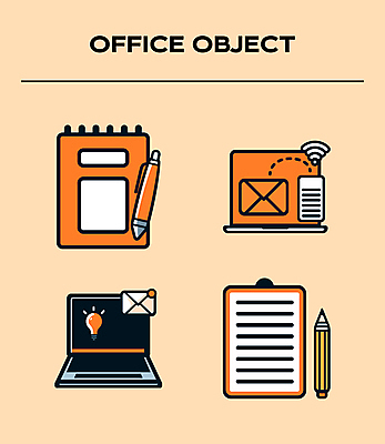 아이콘 인터넷 커뮤니케이션 기술 사람없음 노트북 필기구 사무용품 주황색 이메일 계획 알림 와이파이 서류판 체크리스트 2D아이콘 AI파일 컬러 컨셉 문구용품 전자제품 무선인터넷 파일형식 벡터