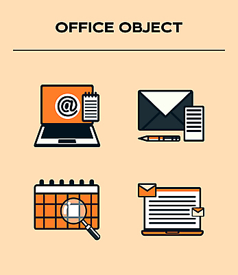 아이콘 돋보기 커뮤니케이션 기술 사람없음 노트북 펜 볼펜 주황색 달력 업무 메시지 이메일 계획 편지지 검색 검사_조사 확대경 골뱅이기호 2D아이콘 AI파일 기호 컬러 컨셉 전자제품 필기구 작업 편지 파일형식 벡터