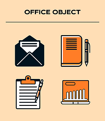 아이콘 회의 그래프 편지봉투 사람없음 노트북 펜 볼펜 사무용품 주황색 정보 기록 이메일 편지지 분석 보고서 문서 서류판 2D아이콘 AI파일 컬러 컨셉 비즈니스 문구용품 봉투 전자제품 필기구 편지 파일형식 벡터