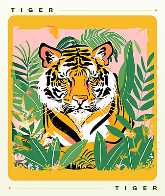포스터 잎 일러스트 자연 사람없음 여름 노란색 화려 호랑이 복고 팝아트 판화 몬스테라 트로피컬아트 국내일러스트 AI파일 식물 계절 컬러 컨셉 포유류 미술 그림 생태계 파일형식 벡터