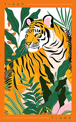 포스터 잎 일러스트 자연 사람없음 여름 주황색 화려 호랑이 복고 팝아트 판화 몬스테라 트로피컬아트 국내일러스트 AI파일 식물 계절 컬러 컨셉 포유류 미술 그림 생태계 파일형식 벡터