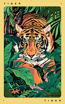 포스터 잎 일러스트 자연 사람없음 초록색 여름 화려 호랑이 복고 팝아트 판화 몬스테라 트로피컬아트 국내일러스트 AI파일 식물 계절 컬러 컨셉 포유류 미술 그림 생태계 파일형식 벡터