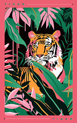 포스터 분홍색 잎 일러스트 자연 사람없음 여름 화려 호랑이 복고 팝아트 판화 몬스테라 트로피컬아트 국내일러스트 AI파일 식물 계절 컬러 컨셉 포유류 미술 그림 생태계 파일형식 벡터