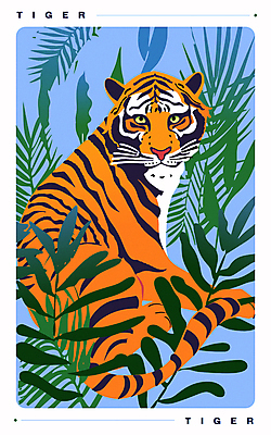 포스터 잎 일러스트 자연 사람없음 여름 주황색 화려 호랑이 복고 팝아트 판화 몬스테라 트로피컬아트 국내일러스트 AI파일 식물 계절 컬러 컨셉 포유류 미술 그림 생태계 파일형식 벡터