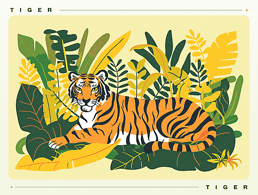 포스터 잎 일러스트 자연 사람없음 여름 노란색 화려 호랑이 복고 팝아트 판화 몬스테라 트로피컬아트 국내일러스트 AI파일 식물 계절 컬러 컨셉 포유류 미술 그림 생태계 파일형식 벡터